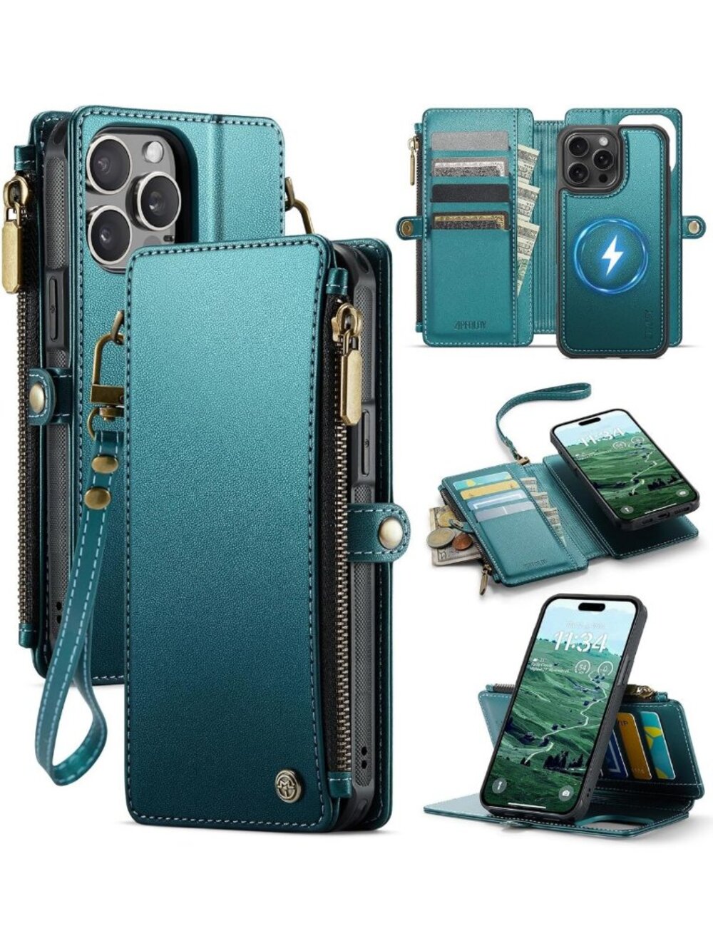 Turquoise Magnetic Detachable Wallet Phone Case for iPhone 14 Pro - Stylish